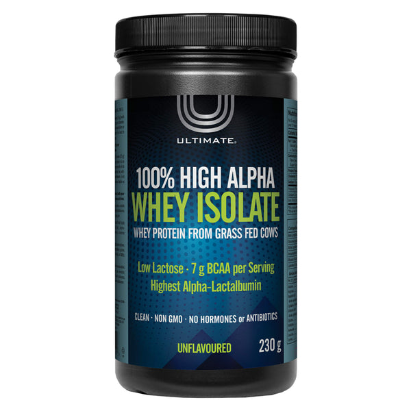 Bottle of Ultimate 100% High Alpha Whey Isolate Unflavoured 230 Grams | Optimum Health Vitamins, Canada