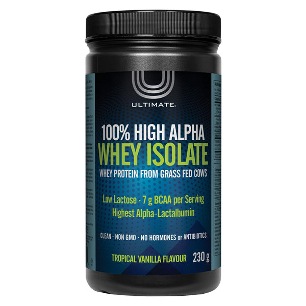 Bottle of Ultimate 100% High Alpha Whey Isolate Tropical Vanilla Flavour 230 Grams | Optimum Health Vitamins, Canada