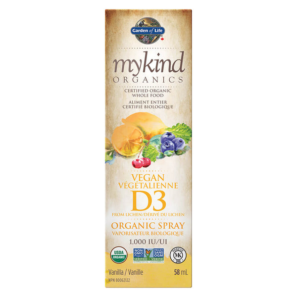 Box of Garden of Life myKind Organics Vegan D3 Organic Spray Vanilla Flavour 58 Milliliters