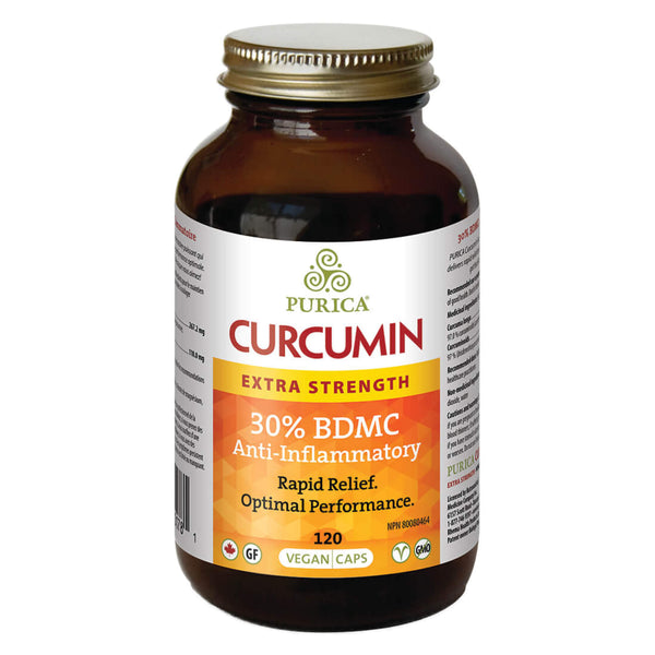 Bottle of Purica Curcumin Extra Strength - Powered by BDM30™ 120 Vegan Capsules