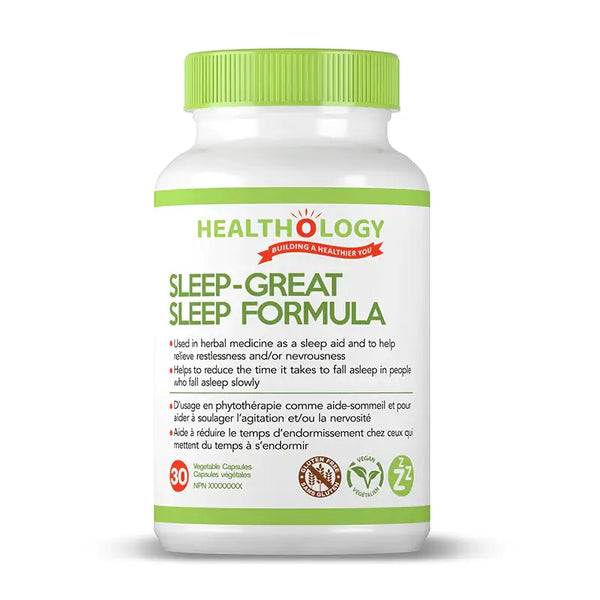 Bottle of Healthology Sleep-Great Sleep Formula Shrink Wrap 30 Vegetable Capsules